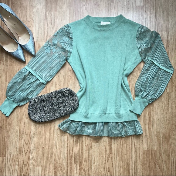 laetitia Mem Sweaters Romantic Laetitia Mem Pastel Green Sweater With Lace Sleeves And